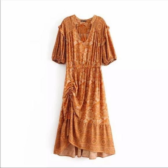 Bohemian Gypsy Print Ruffle Floral Dress Orange - Picture 6 of 13